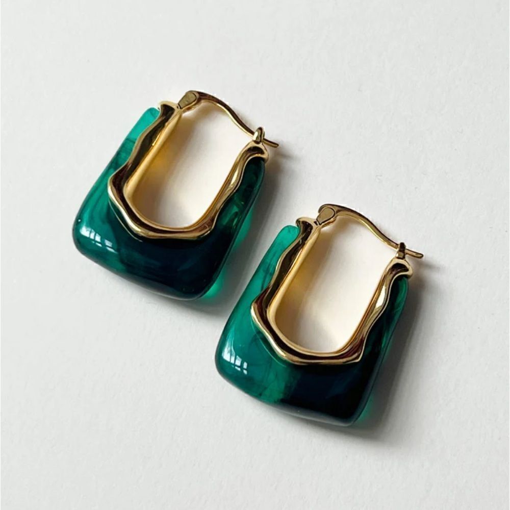Anthropologie Gold and Teal Resin Hoop Drop Earrings